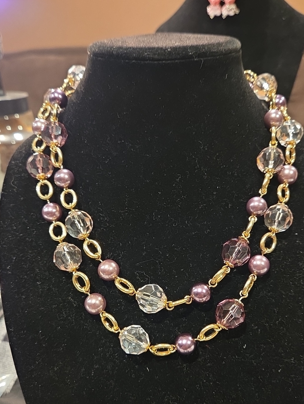 Gold Chain Necklace with Purple Pearls and Clear Faceted Beads